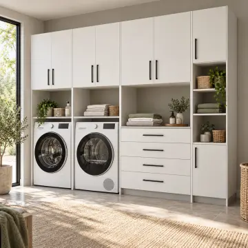 Varyelona Lake Yan Yana İki Makineli, Dört Çekmeceli ve Havlu Kuleli Dolap 280 cm