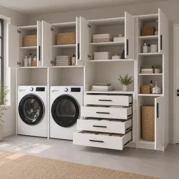 Varyelona Lake Yan Yana İki Makineli, Dört Çekmeceli ve Havlu Kuleli Dolap 280 cm