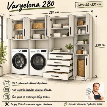 Varyelona Lake Yan Yana İki Makineli, Dört Çekmeceli ve Havlu Kuleli Dolap 280 cm