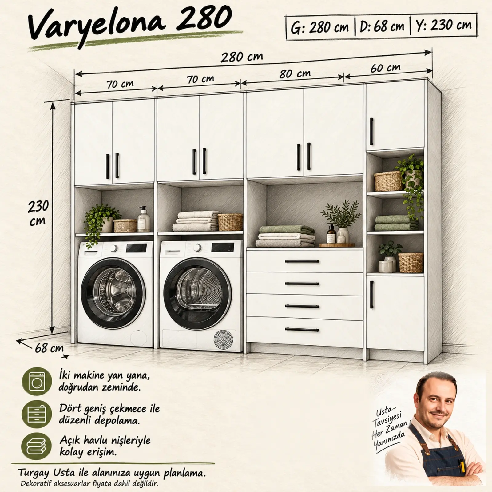 Varyelona Lake Yan Yana İki Makineli, Dört Çekmeceli ve Havlu Kuleli Dolap 280 cm Turgay Usta ölçülü eskiz