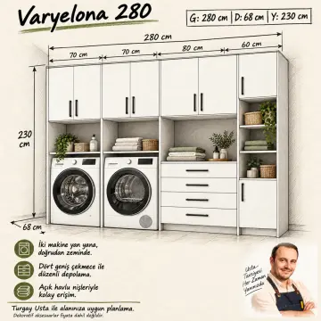 Varyelona Lake Yan Yana İki Makineli, Dört Çekmeceli ve Havlu Kuleli Dolap 280 cm