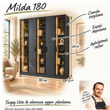 Milda 180 Antrasit Üç Reflekte İki Kapaklı Dikey LED Kitaplık