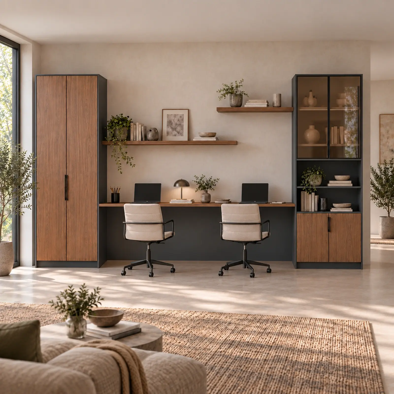 Elvora 360 İki Kişilik Yüzer Raflı Reflekte Kitaplıklı Gardıroplu Çalışma Masası