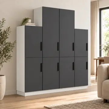 Lamera 160 Beyaz Antrasit Kademeli Sekiz Kapaklı Kitaplık