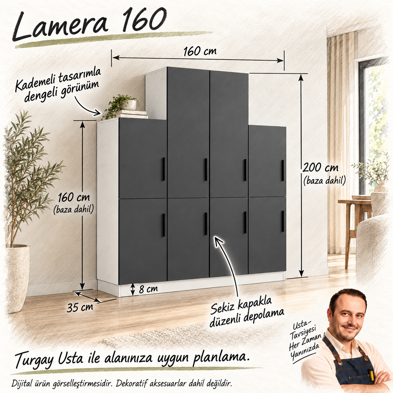 Lamera 160 sekiz kapaklı kitaplık ölçüleri ve Turgay Usta fayda eskizi