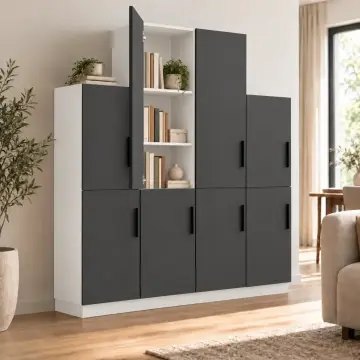 Lamera 160 Beyaz Antrasit Kademeli Sekiz Kapaklı Kitaplık