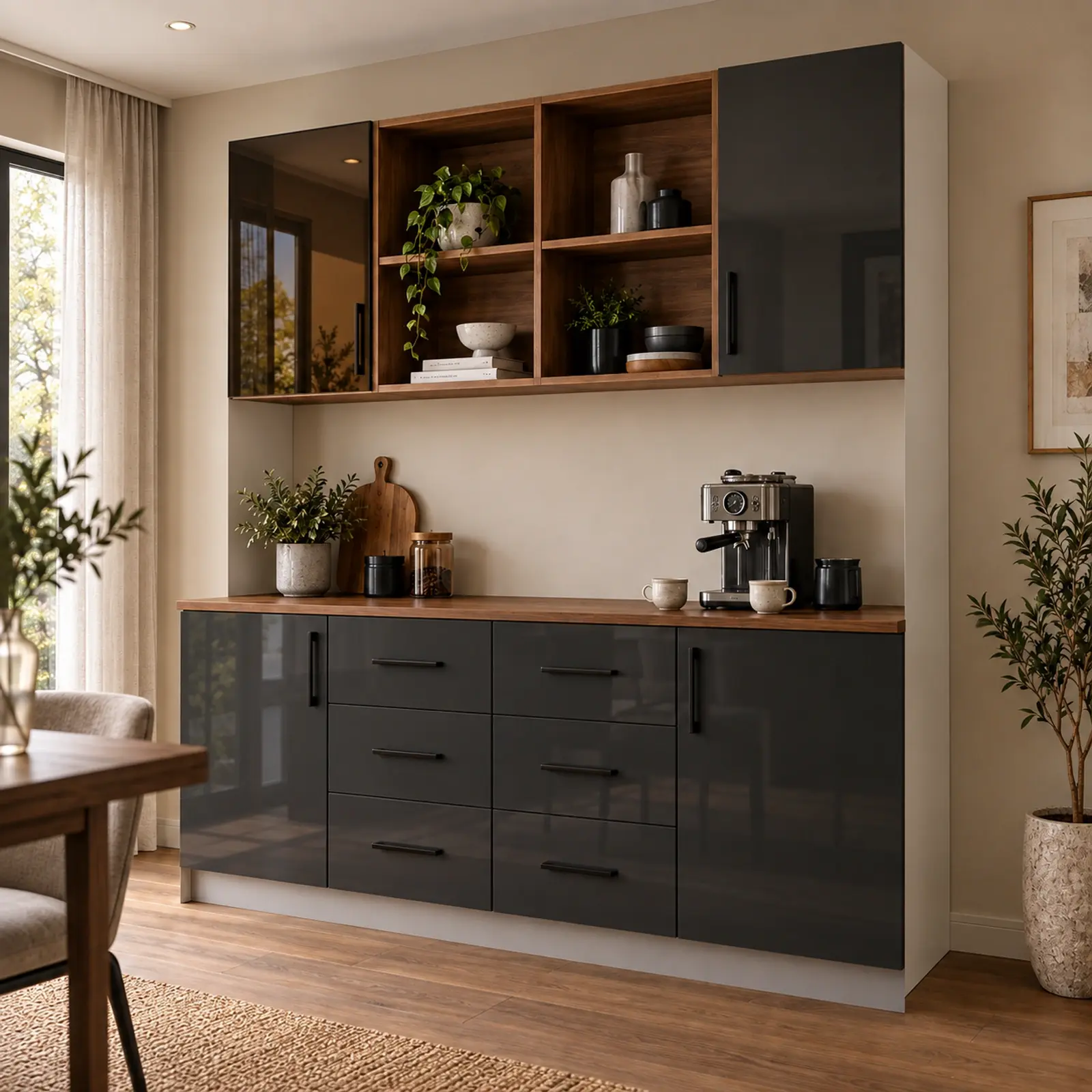Neralvona 160 cm Dört Nişli Altı Çekmeceli Reflekte Camlı High Gloss Kahve Köşesi