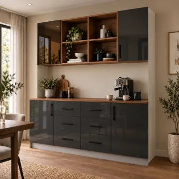 Neralvona 160 cm Dört Nişli Altı Çekmeceli Reflekte Camlı High Gloss Kahve Köşesi