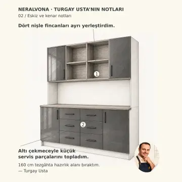 Neralvona 160 cm Dört Nişli Altı Çekmeceli Reflekte Camlı High Gloss Kahve Köşesi
