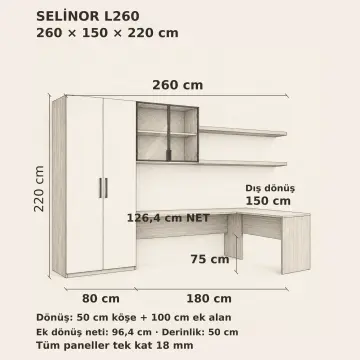 Selinor L260 Tek Kişilik L Reflekte Kitaplıklı Gardıroplu Çalışma Masası
