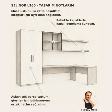 Selinor L260 Tek Kişilik L Reflekte Kitaplıklı Gardıroplu Çalışma Masası