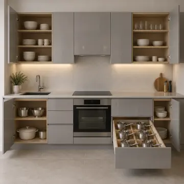 Hervona Sis Gri High Gloss Çekilir Altı Saplı Mini Sos Tenceresi Kademeli Beşikli Düz Mutfak Dolabı