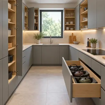 Jervina RAL 7042 Lake Çekilir Üç Döküm Demlik Bağımsız Beşikli U Mutfak Dolabı