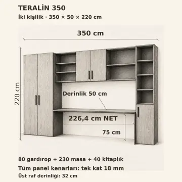 Teralin 350 İki Kişilik Asimetrik Köprü Raflı Kitaplıklı Gardıroplu Çalışma Masası