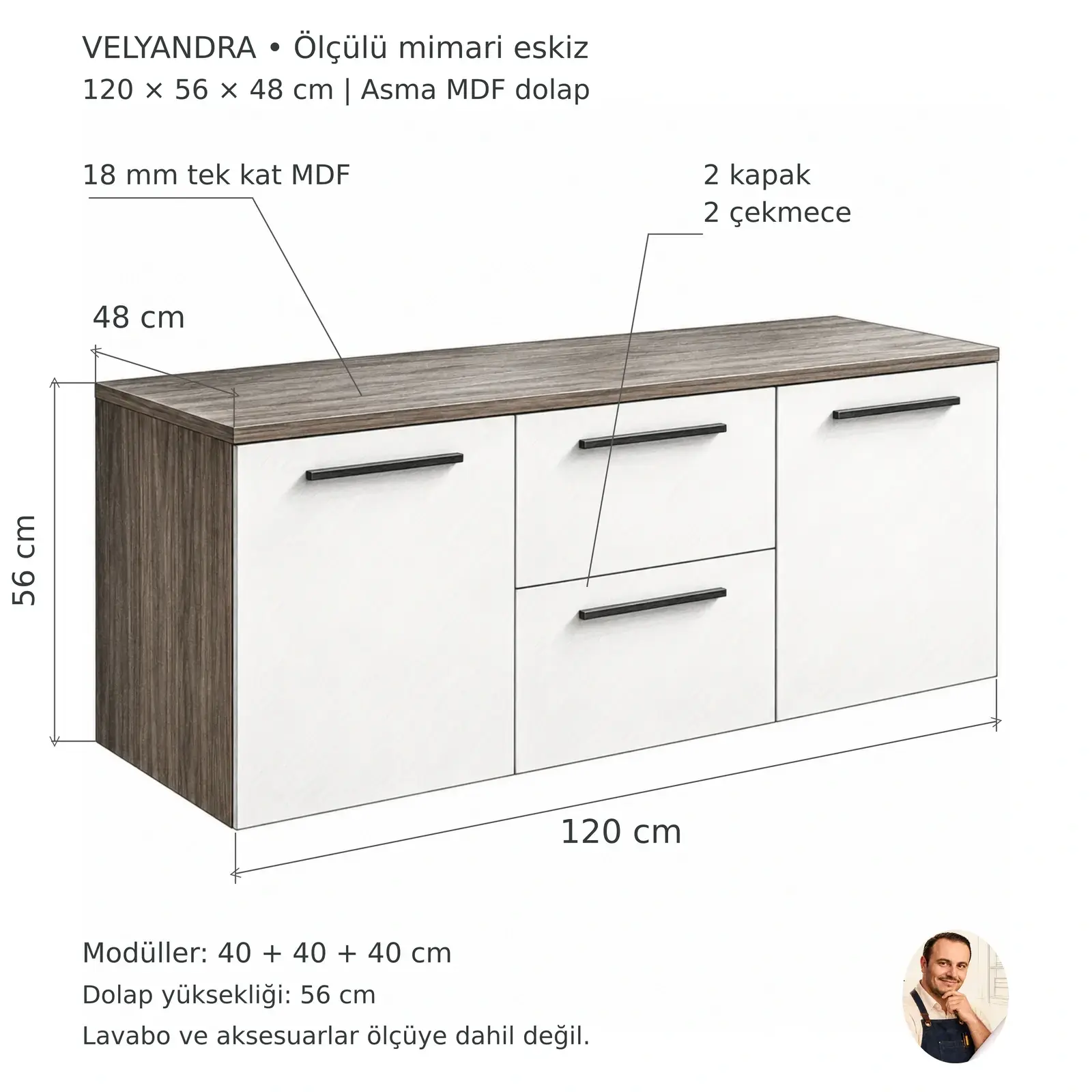 Velyandra Düz MDF İki Kapaklı İki Çekmeceli Asma Banyo Dolabı 120 cm Turgay Usta ölçülü eskiz