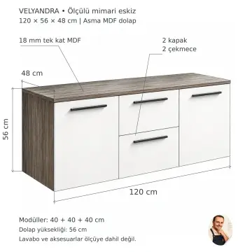 Velyandra Düz MDF İki Kapaklı İki Çekmeceli Asma Banyo Dolabı 120 cm