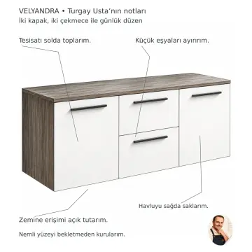 Velyandra Düz MDF İki Kapaklı İki Çekmeceli Asma Banyo Dolabı 120 cm
