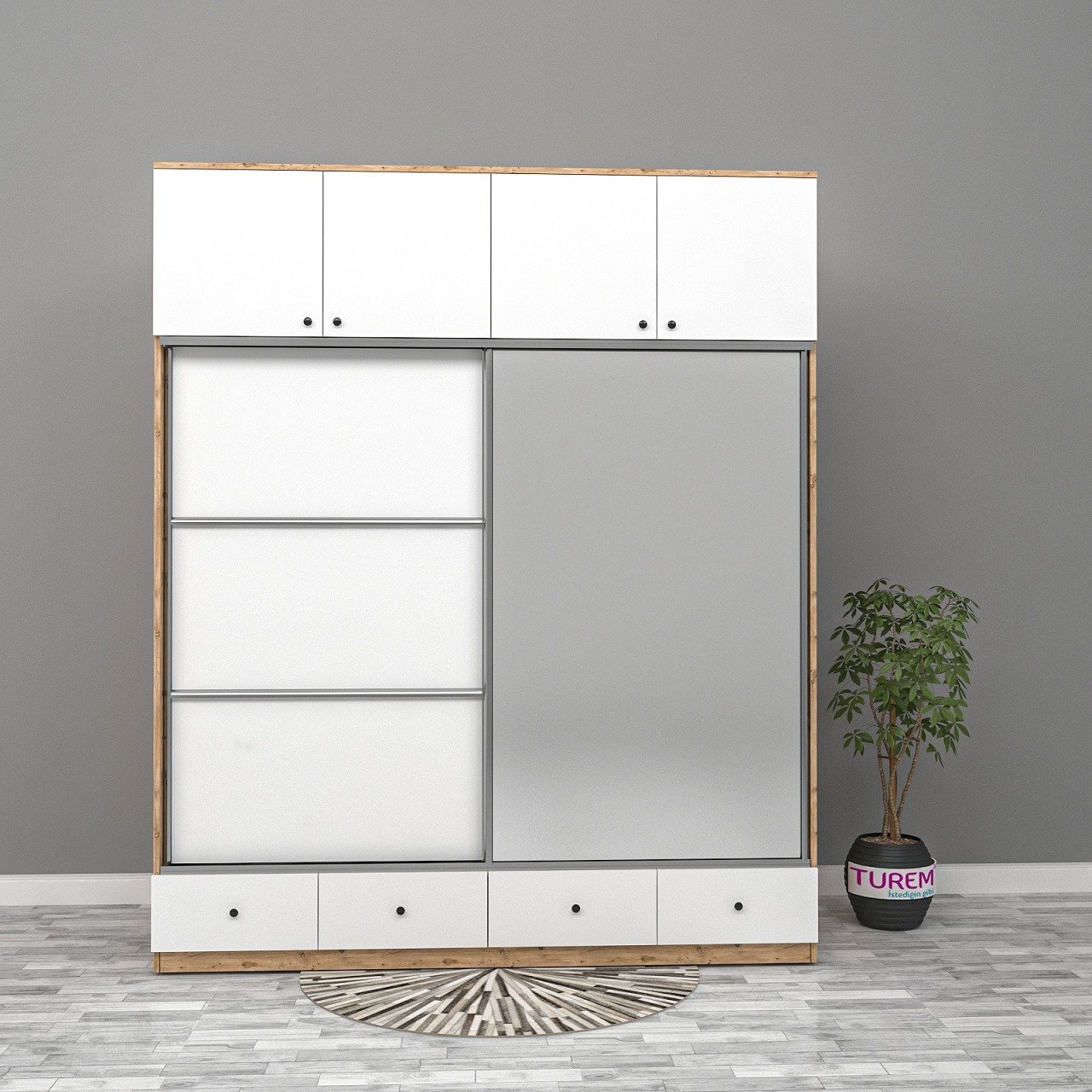 Kaktüs Sürgülü 6 Kapaklı 4 Çekmeceli Yüklük Dolap