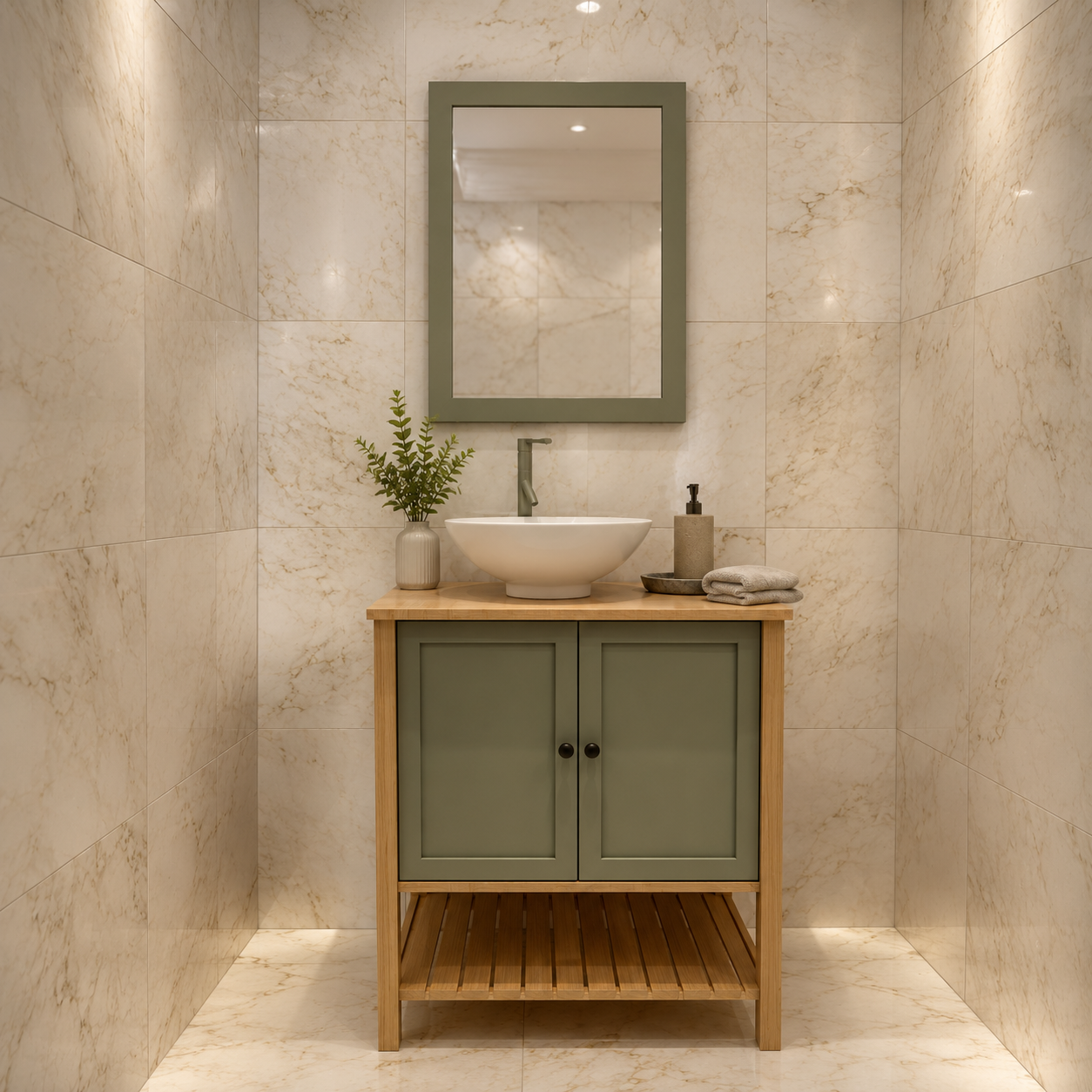 Adaçayı Meşe – Doğal Ahşap Banyo Dolabı Tasarımı*