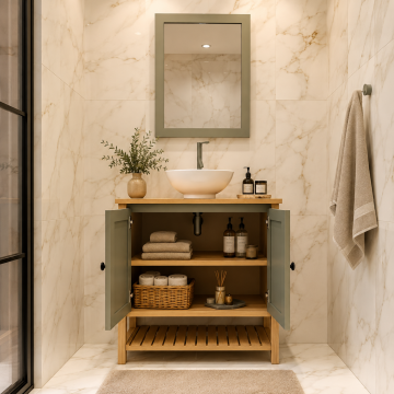 Adaçayı Meşe – Doğal Ahşap Banyo Dolabı Tasarımı*