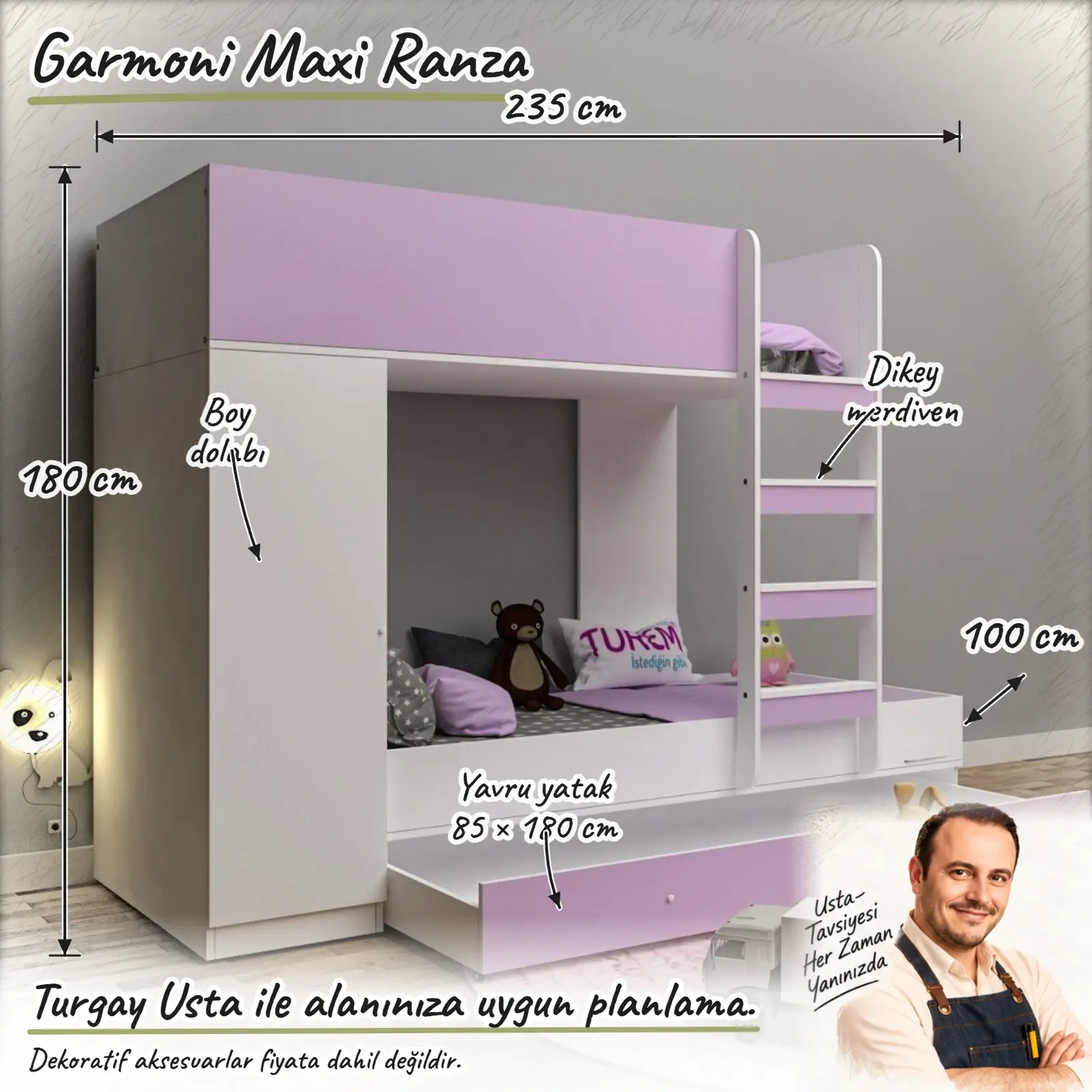Garmoni Maxi Ranza ölçülü Turgay Usta eskizi 235x100x180 cm