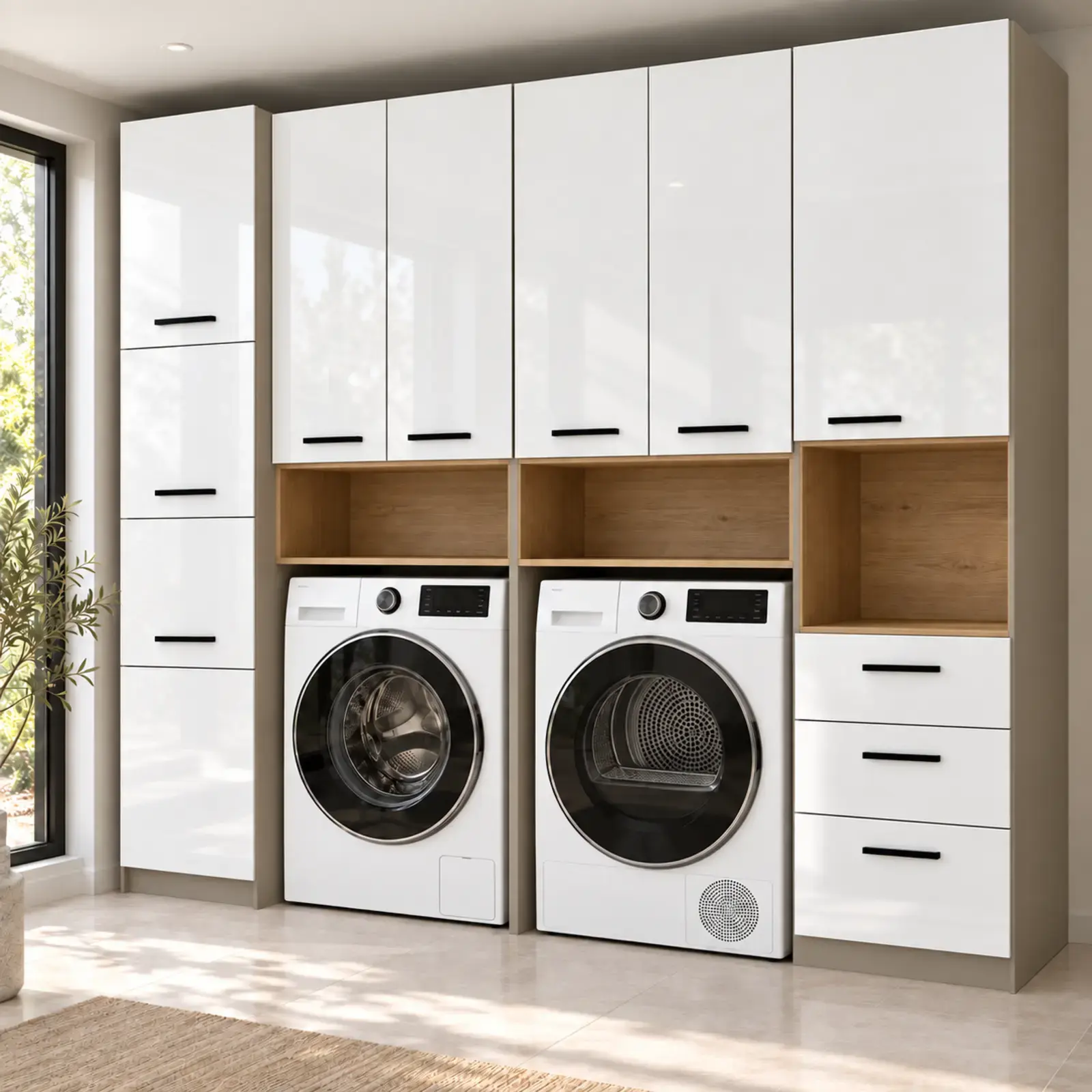 Orelvissa High Gloss Yan Yana İki Makineli, Üç Çekmeceli, Açık Nişli Servis Dolabı 230 cm