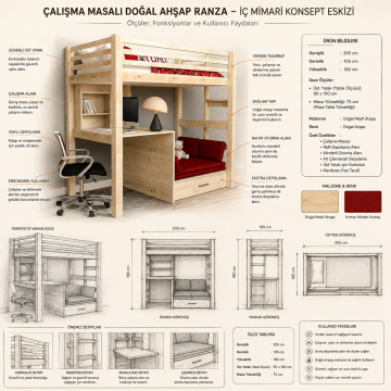 Çalışma Masalı Doğal Ahşap Ranza