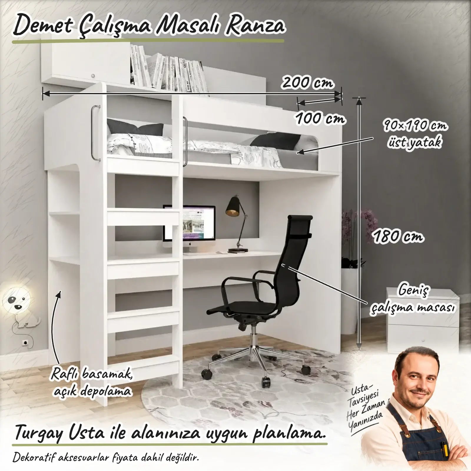 Demet çalışma masalı ranza Turgay Usta ölçülü eskizi 200 x 100 x 180 cm
