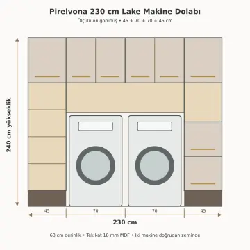Pirelvona Lake Yan Yana İki Makineli, Çift Sepetli, Açık Tekstil ve Katlama Nişli Servis Dolabı 230 cm