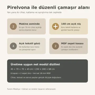 Pirelvona Lake Yan Yana İki Makineli, Çift Sepetli, Açık Tekstil ve Katlama Nişli Servis Dolabı 230 cm