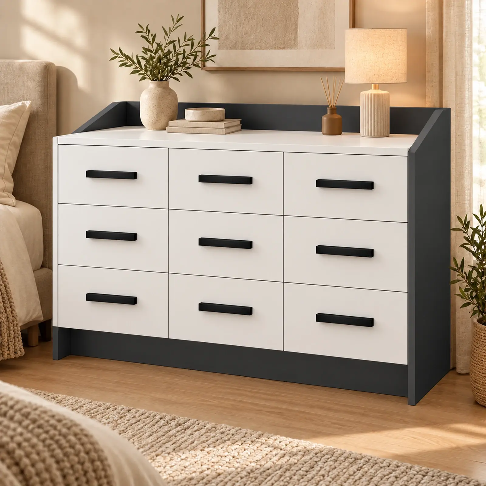 Yamaç 120 Dokuz Çekmeceli Geniş Şifonyer Mdf - Antrasit Beyaz