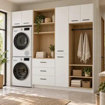 Rirelvona Düz MDF İstifli İki Makineli, Üç Çekmeceli Katlama Nişli, Temizlik ve Askı Dolabı 245 cm