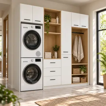 Rirelvona Düz MDF İstifli İki Makineli, Üç Çekmeceli Katlama Nişli, Temizlik ve Askı Dolabı 245 cm