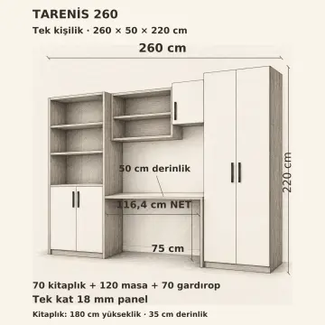 Tarenis 260 Tek Kişilik Kademeli Kitaplıklı Gardıroplu Çalışma Masası