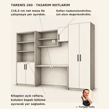 Tarenis 260 Tek Kişilik Kademeli Kitaplıklı Gardıroplu Çalışma Masası