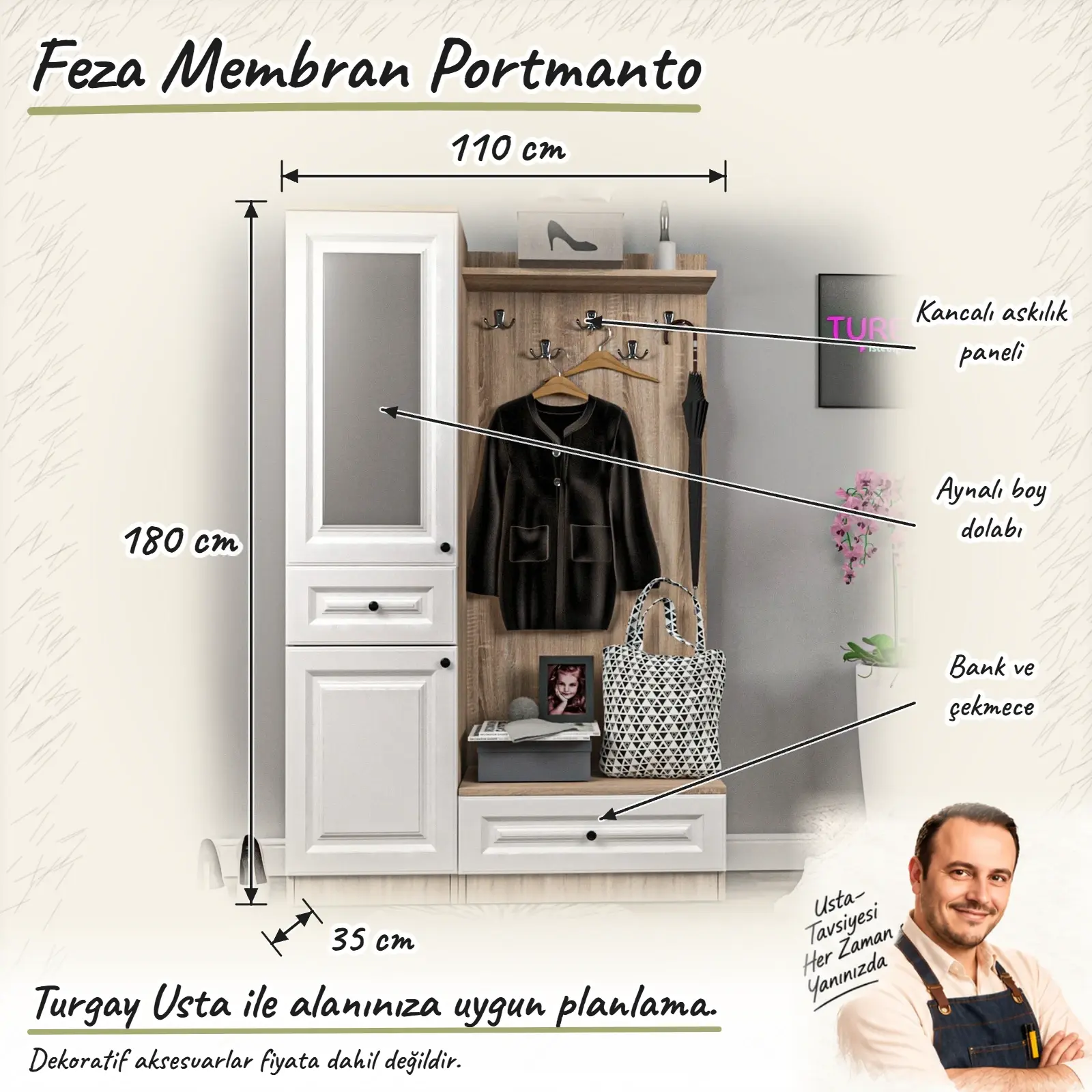 Feza Membran Portmanto ölçülü Turgay Usta eskizi