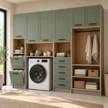 Sirelvina Membran Tek Makineli, Çift Sepetli, Beş Çekmeceli Katlama ve Askı Nişli Servis Dolabı 250 cm