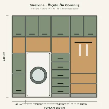 Sirelvina Membran Tek Makineli, Çift Sepetli, Beş Çekmeceli Katlama ve Askı Nişli Servis Dolabı 250 cm