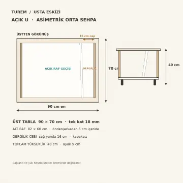 Açık U 90×70 cm Asimetrik Orta Sehpa