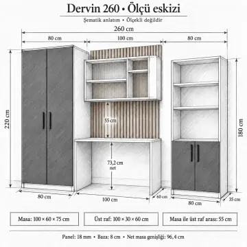 Dervin 260 Yazıcı Nişli Çıtalı Asimetrik Kitaplıklı Çalışma Alanı