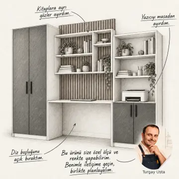 Dervin 260 Yazıcı Nişli Çıtalı Asimetrik Kitaplıklı Çalışma Alanı