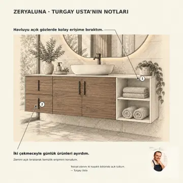 Zeryaluna Membran Havlu Nişli, İki Çekmeceli ve İki Kapaklı Asma Banyo Dolabı 180 cm