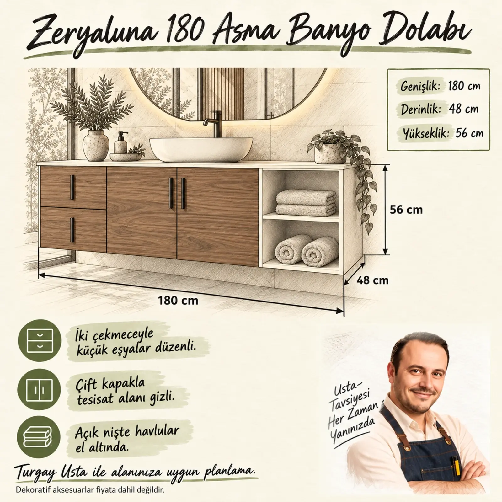 Zeryaluna 180 Asma Banyo Dolabı ölçülü Turgay Usta eskizi