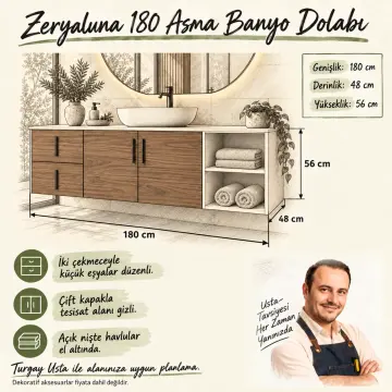 Zeryaluna Membran Havlu Nişli, İki Çekmeceli ve İki Kapaklı Asma Banyo Dolabı 180 cm