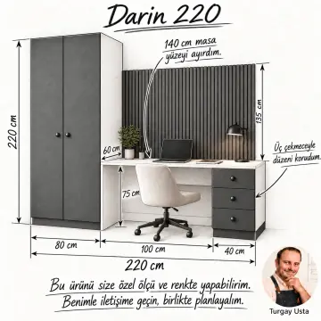 Darin 220 Üç Çekmeceli Gardıroplu Çalışma Alanı