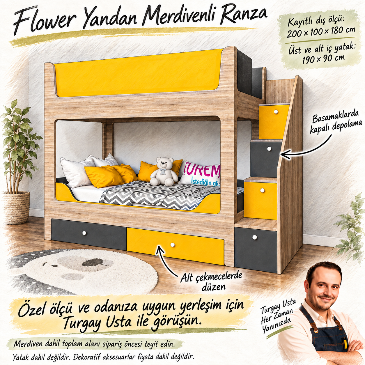 Flower Yandan Merdivenli Ranza Turgay Usta ölçü ve kullanım eskizi