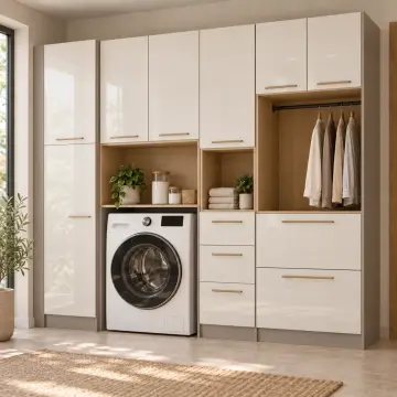 Tirelvessa High Gloss Tek Makineli, Çift MDF Sepet Kasalı, Üç Çekmeceli Temizlik ve Askı Nişli Servis Dolabı 255 cm