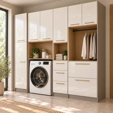 Tirelvessa High Gloss Tek Makineli, Çift MDF Sepet Kasalı, Üç Çekmeceli Temizlik ve Askı Nişli Servis Dolabı 255 cm