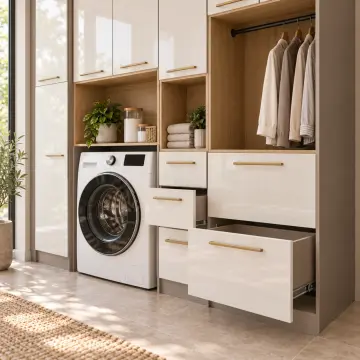 Tirelvessa High Gloss Tek Makineli, Çift MDF Sepet Kasalı, Üç Çekmeceli Temizlik ve Askı Nişli Servis Dolabı 255 cm