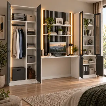 Alesta 260 Dikey LED’li Cam Kitaplıklı Gardıroplu Çalışma Alanı